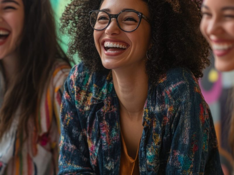 Three women of different backgrounds sharing ideas, laughing, and working together around a table with colorful papers